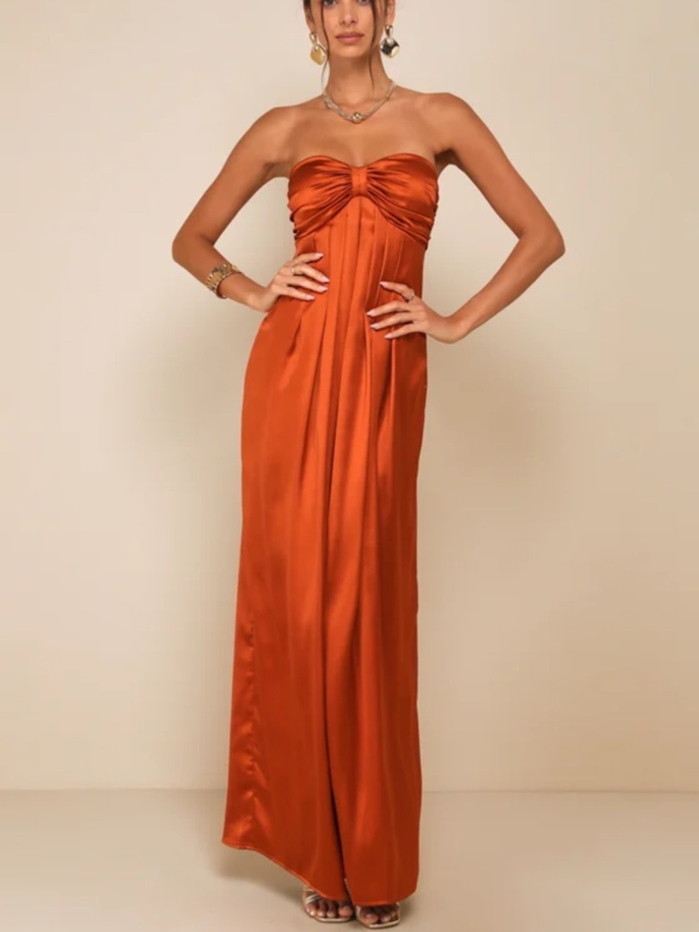 Lulus Memorable Entrance Rust Orange Strapless Satin Maxi Dress